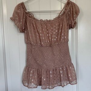 Venus Off Shoulder Polka Dot Smocked Top Blush Pink Medium
